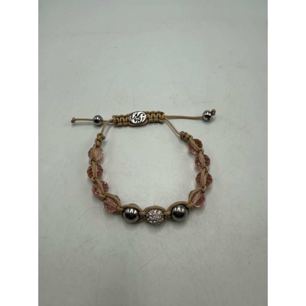 Handmade Pink Faceted Glass Bead Macrame Adjustable Bracelet Rhinestone Accent